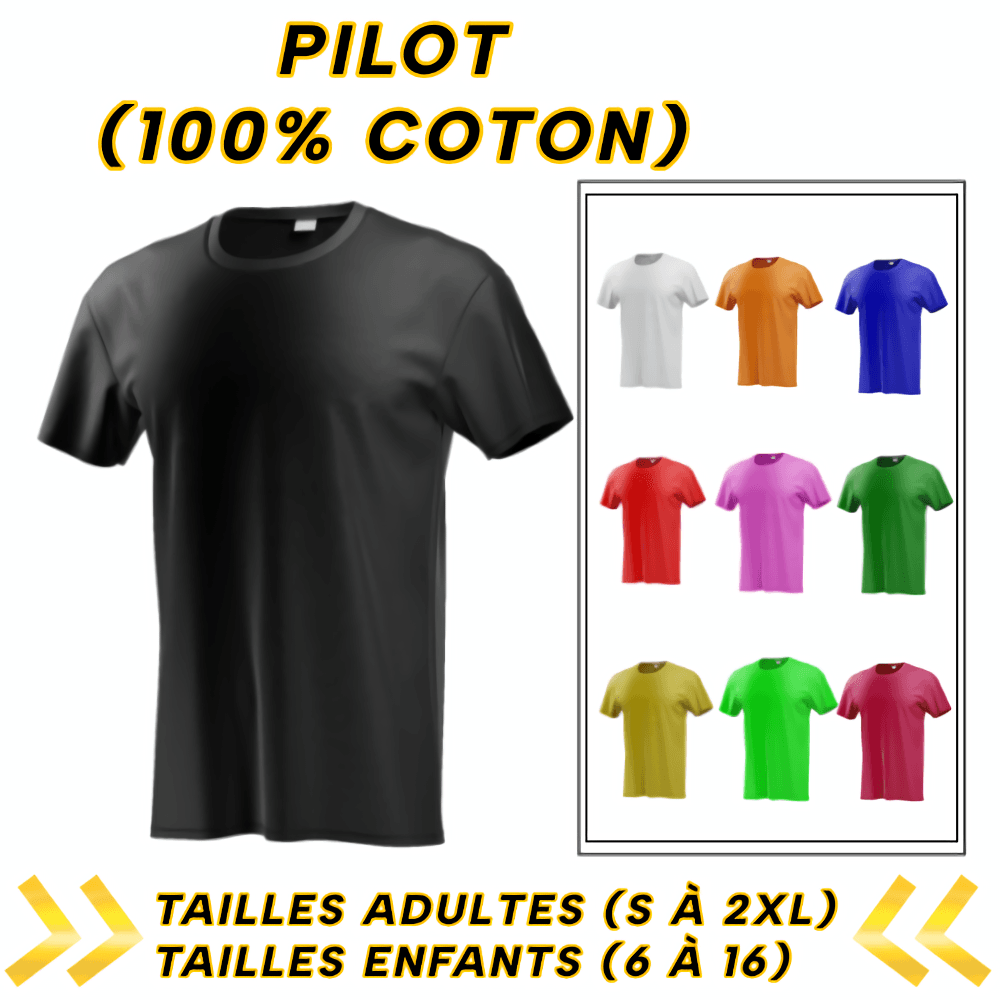 T-shirts Noname 100% Coton Col Rond pour Homme, Femme et Enfants, 180g/m2, Marque PILOT